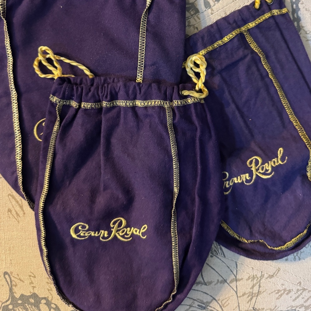 Lot of 3 Crown Royal Bags Purple Gold , All 8" Length Bags Excellent Condition
